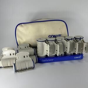 Vtg Conair Curl 'n Carry Travel Hot Rollers 10 Rollers w/ Clips Bag Blue White